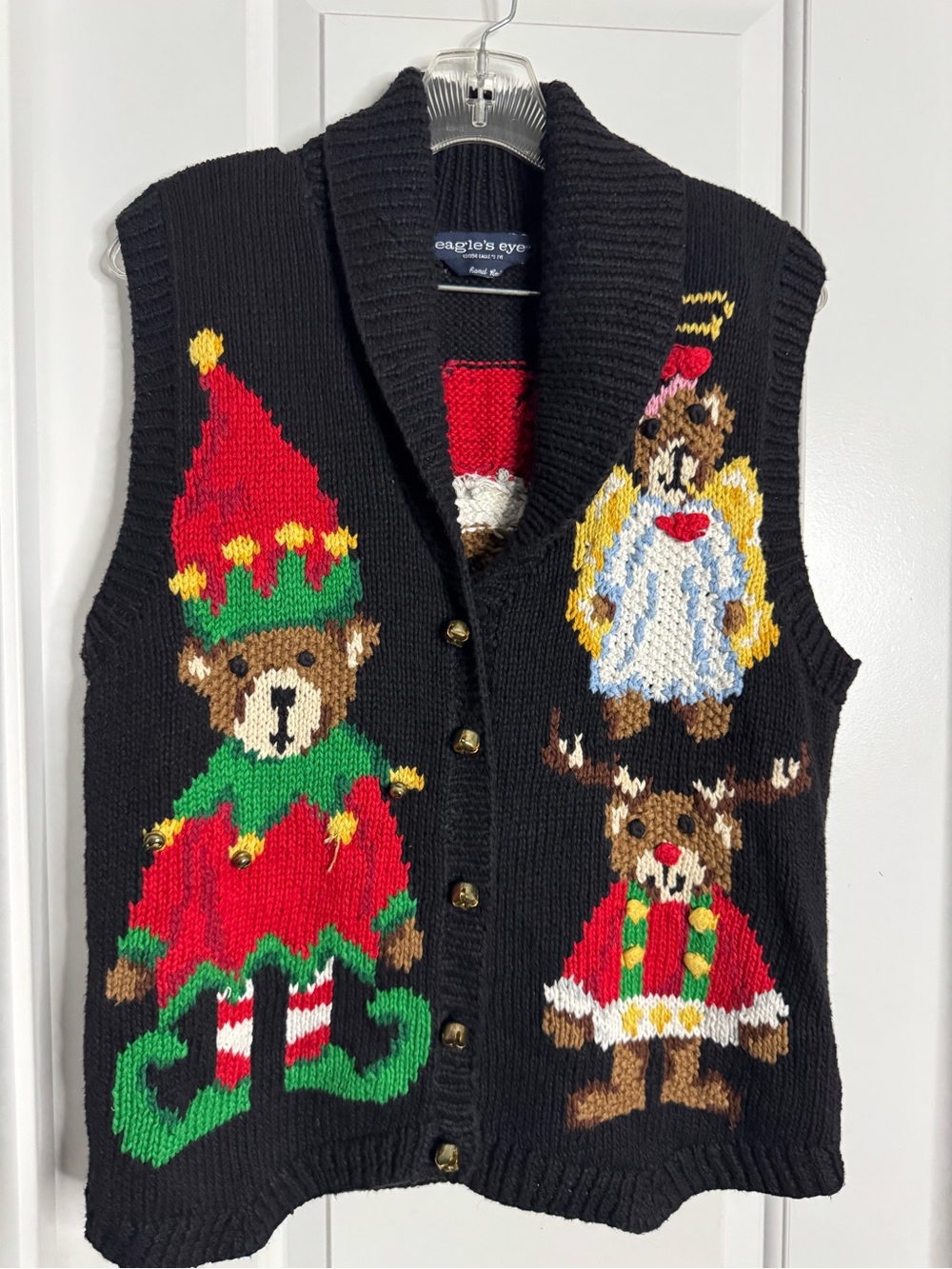 Vintage 1994 Eagles Eye Xmas Teddy Bear Sweater Hand Knit Vest Size Medium
